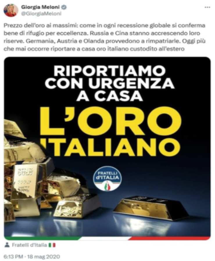 Tweet meloni oro Italia (fonte social X) - moralizzatore.it